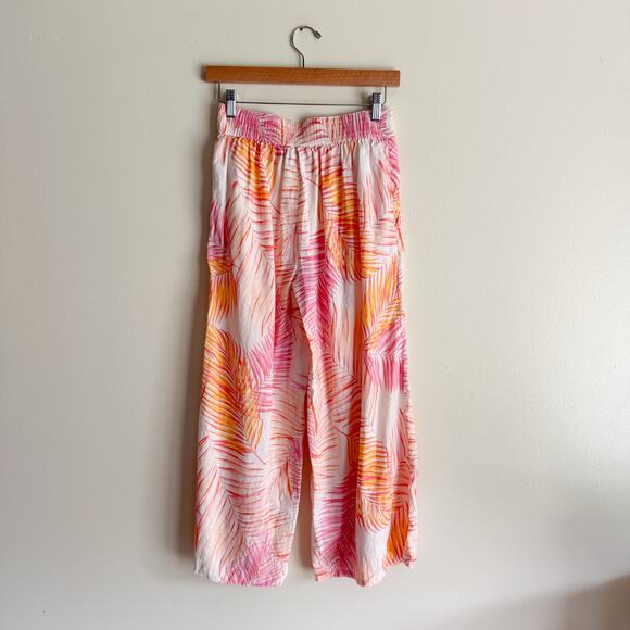 Tahari Pink + Orange Palm Print Linen Wide Leg Pull On Pant Small Beach Vacation - Picture 6 of 8